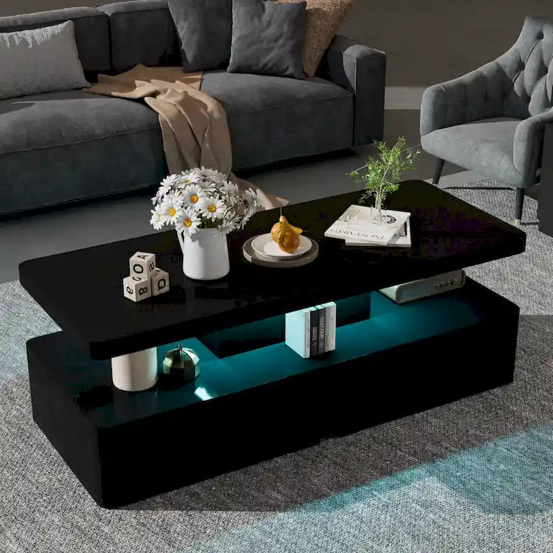 LED Coffee Table 16-Color Remote Control Double-Layer Gloss Finish Living Room Black White
