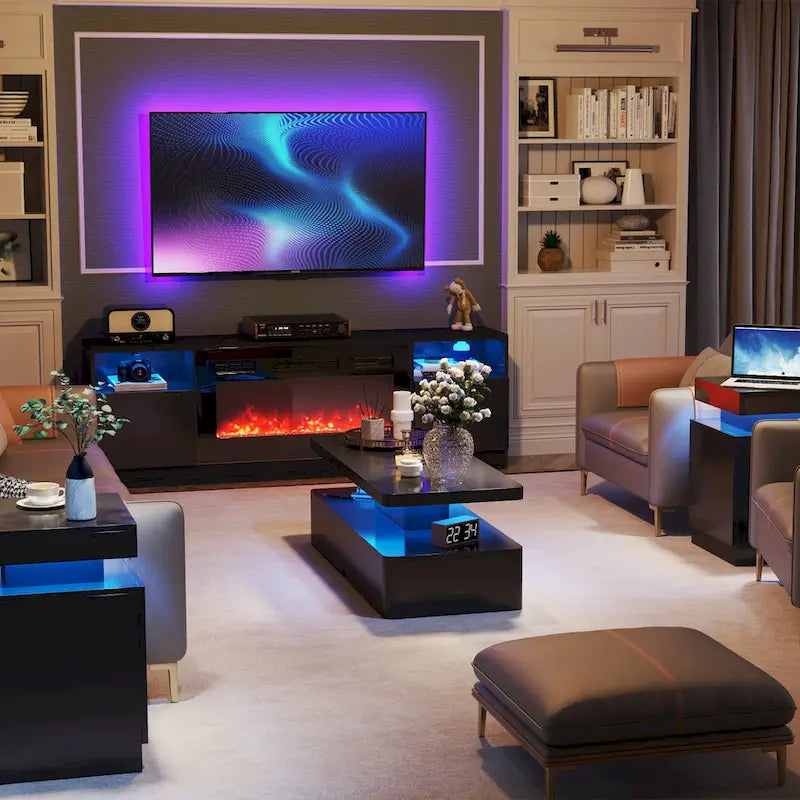 LED Coffee Table 16-Color Remote Control Double-Layer Gloss Finish Living Room Black White