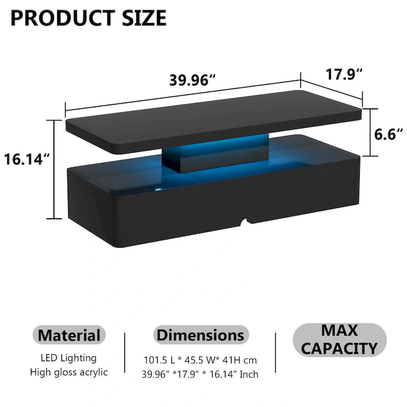 LED Coffee Table 16-Color Remote Control Double-Layer Gloss Finish Living Room Black White