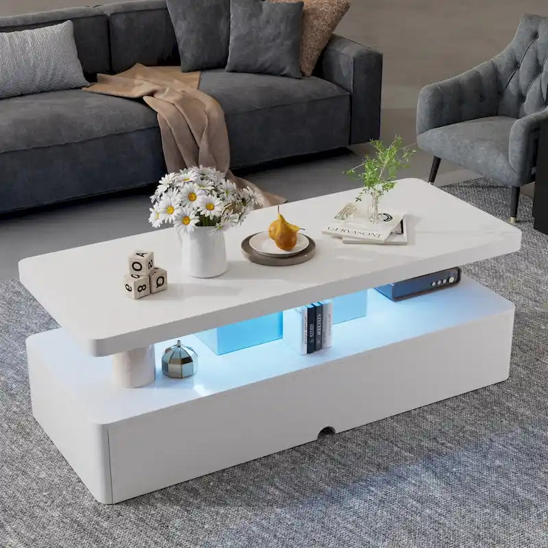 LED Coffee Table 16-Color Remote Control Double-Layer Gloss Finish Living Room Black White