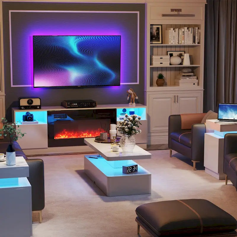 LED Coffee Table 16-Color Remote Control Double-Layer Gloss Finish Living Room Black White