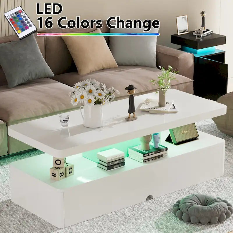 LED Coffee Table 16-Color Remote Control Double-Layer Gloss Finish Living Room Black White