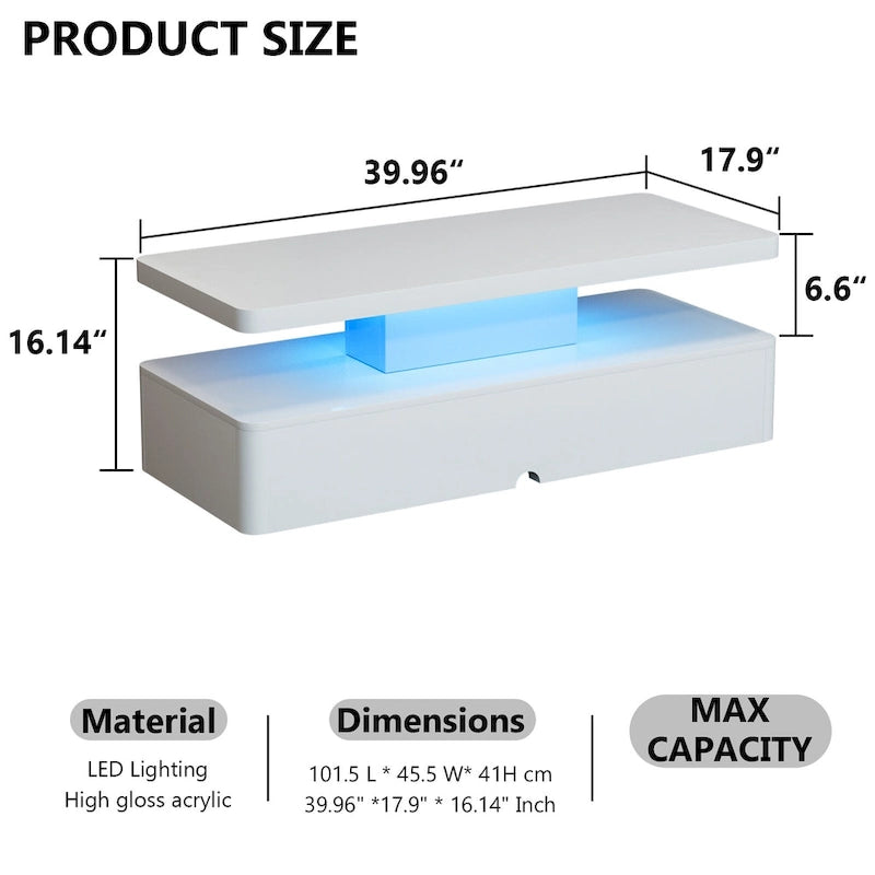 LED Coffee Table 16-Color Remote Control Double-Layer Gloss Finish Living Room Black White