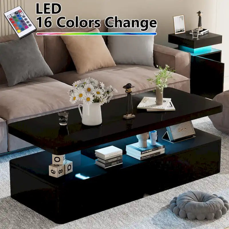 LED Coffee Table 16-Color Remote Control Double-Layer Gloss Finish Living Room Black White