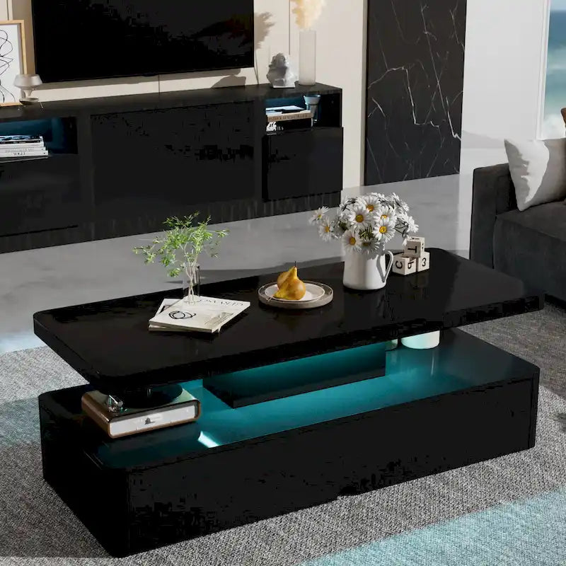LED Coffee Table 16-Color Remote Control Double-Layer Gloss Finish Living Room Black White