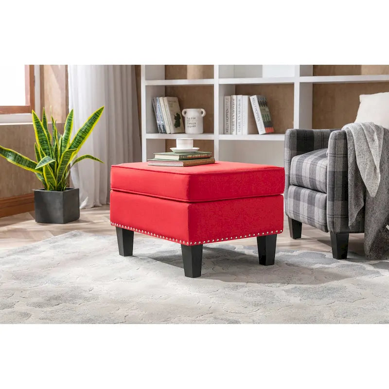 Fabric Accent Ottoman Footstool Silver Nailhead Trim 280 lb Capacity Grey Blue Green Red