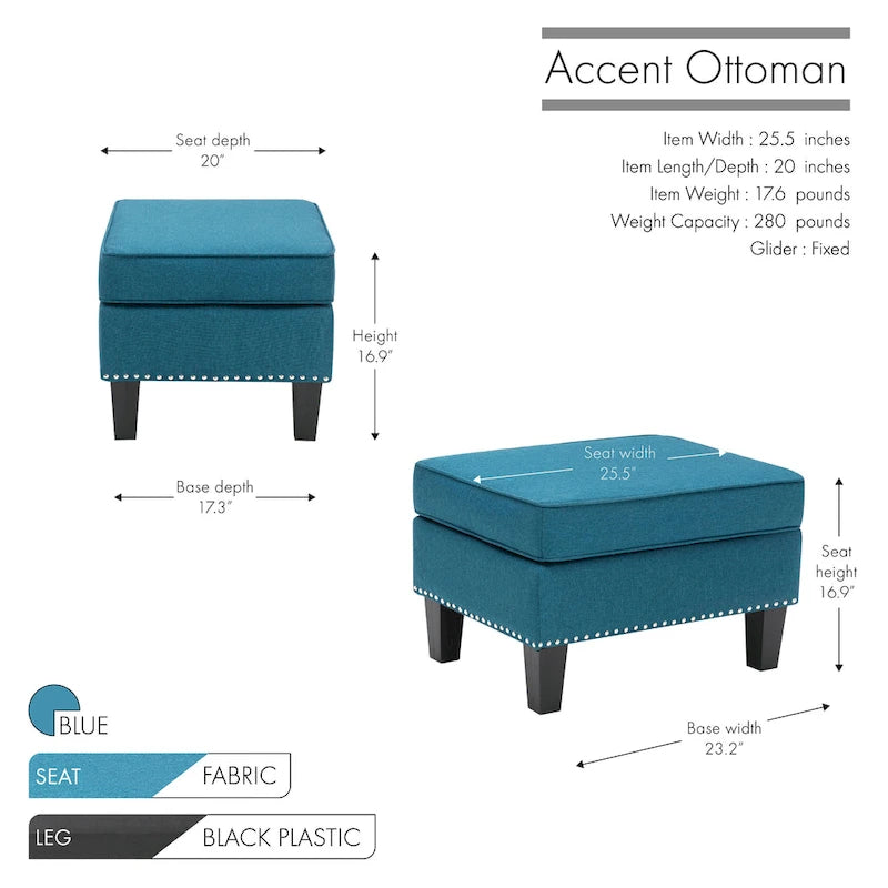 Fabric Accent Ottoman Footstool Silver Nailhead Trim 280 lb Capacity Grey Blue Green Red
