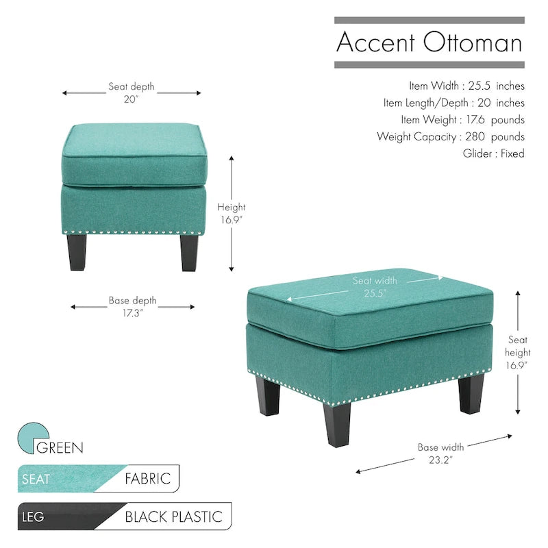 Fabric Accent Ottoman Footstool Silver Nailhead Trim 280 lb Capacity Grey Blue Green Red