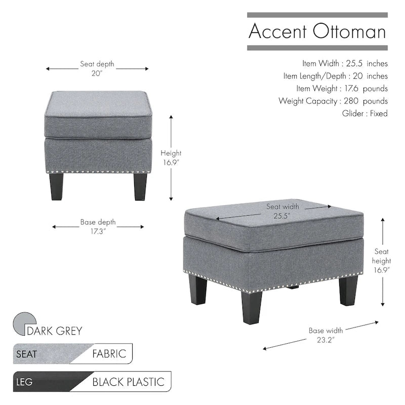 Fabric Accent Ottoman Footstool Silver Nailhead Trim 280 lb Capacity Grey Blue Green Red