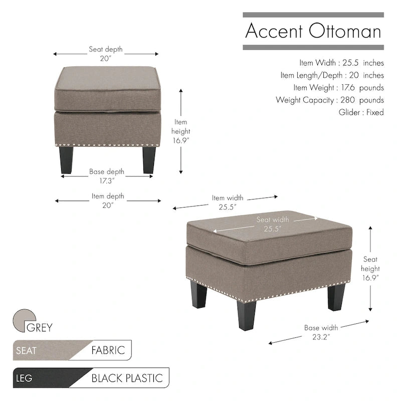 Fabric Accent Ottoman Footstool Silver Nailhead Trim 280 lb Capacity Grey Blue Green Red