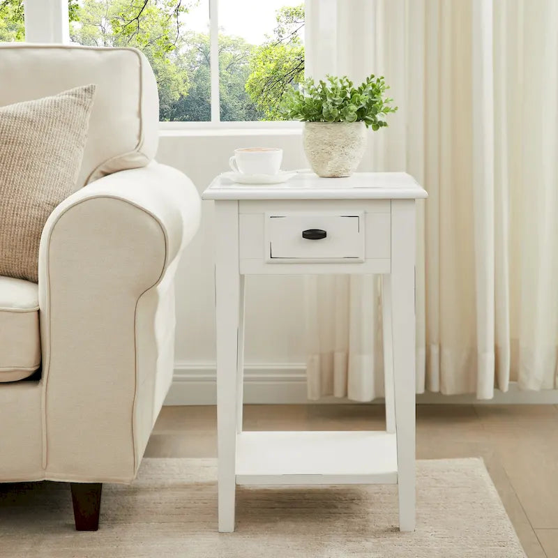 Square End Table Single Drawer Bottom Shelf Solid Hardwood Medium Oak White