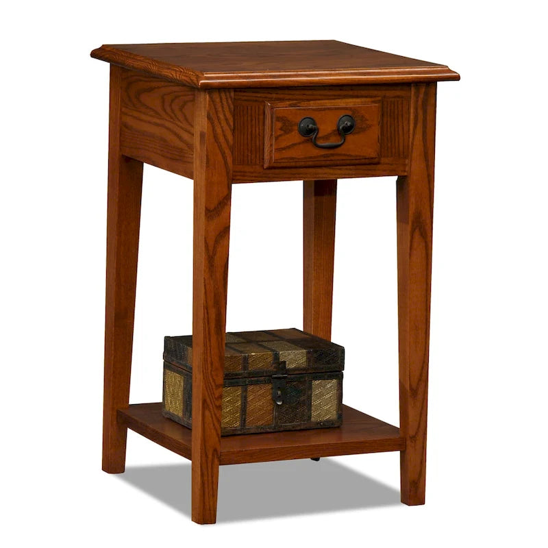 Square End Table Single Drawer Bottom Shelf Solid Hardwood Medium Oak White