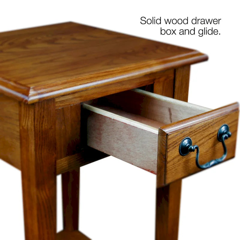 Square End Table Single Drawer Bottom Shelf Solid Hardwood Medium Oak White
