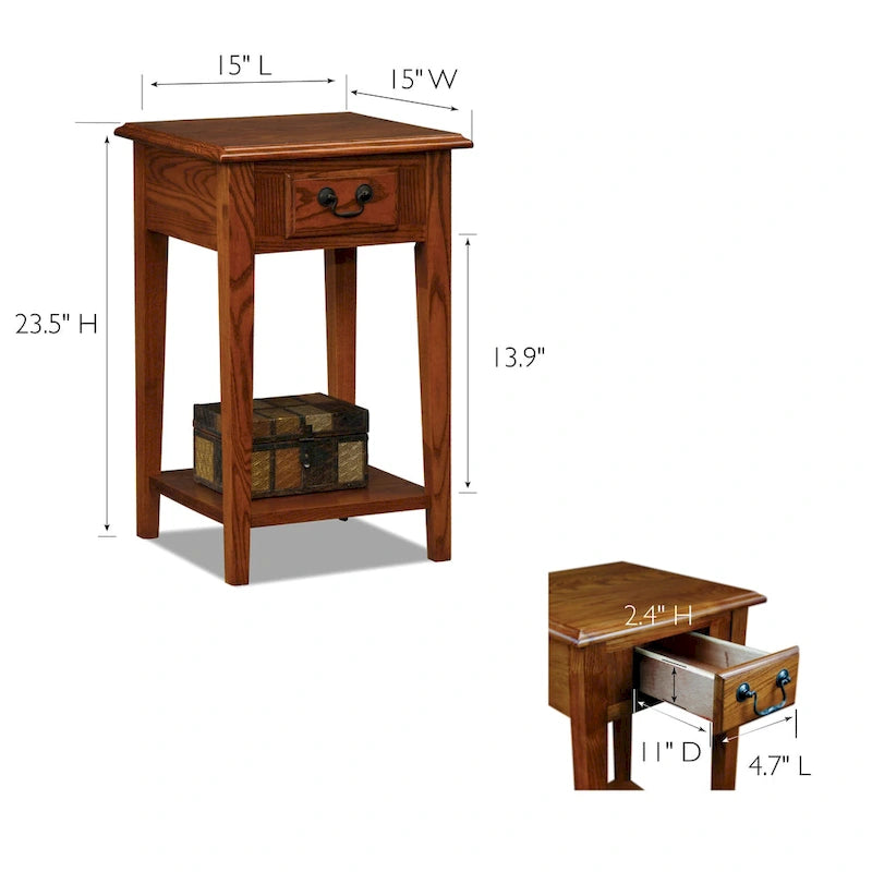 Square End Table Single Drawer Bottom Shelf Solid Hardwood Medium Oak White