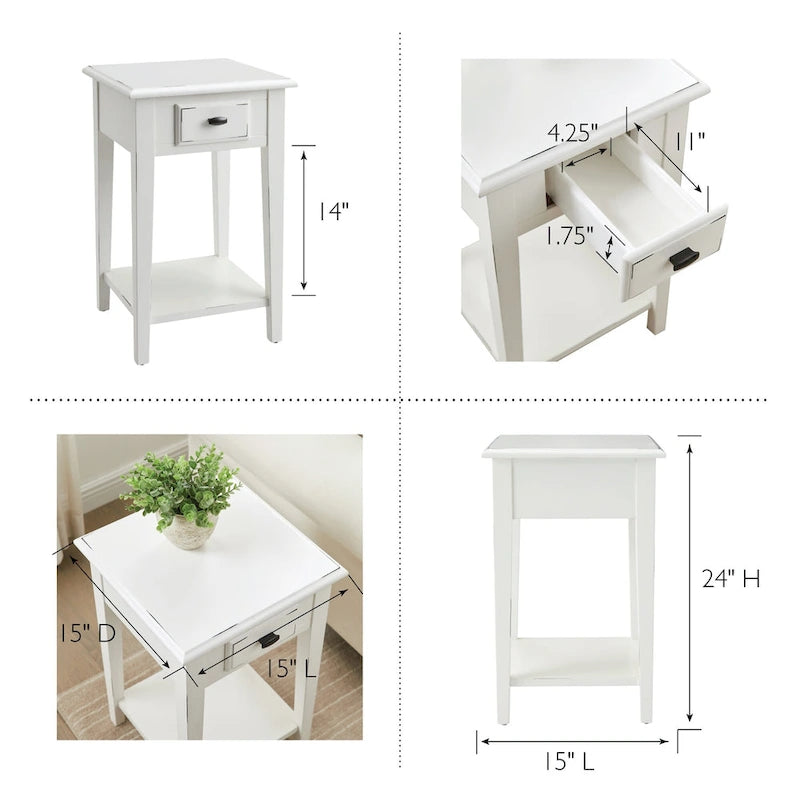 Square End Table Single Drawer Bottom Shelf Solid Hardwood Medium Oak White