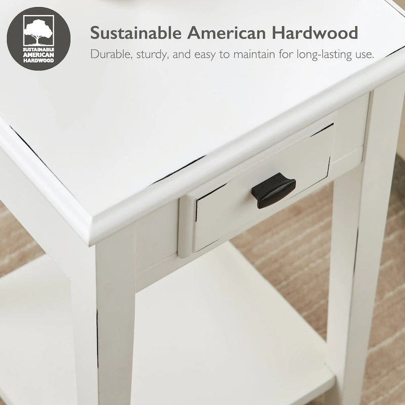 Square End Table Single Drawer Bottom Shelf Solid Hardwood Medium Oak White