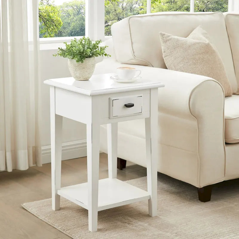 Square End Table Single Drawer Bottom Shelf Solid Hardwood Medium Oak White