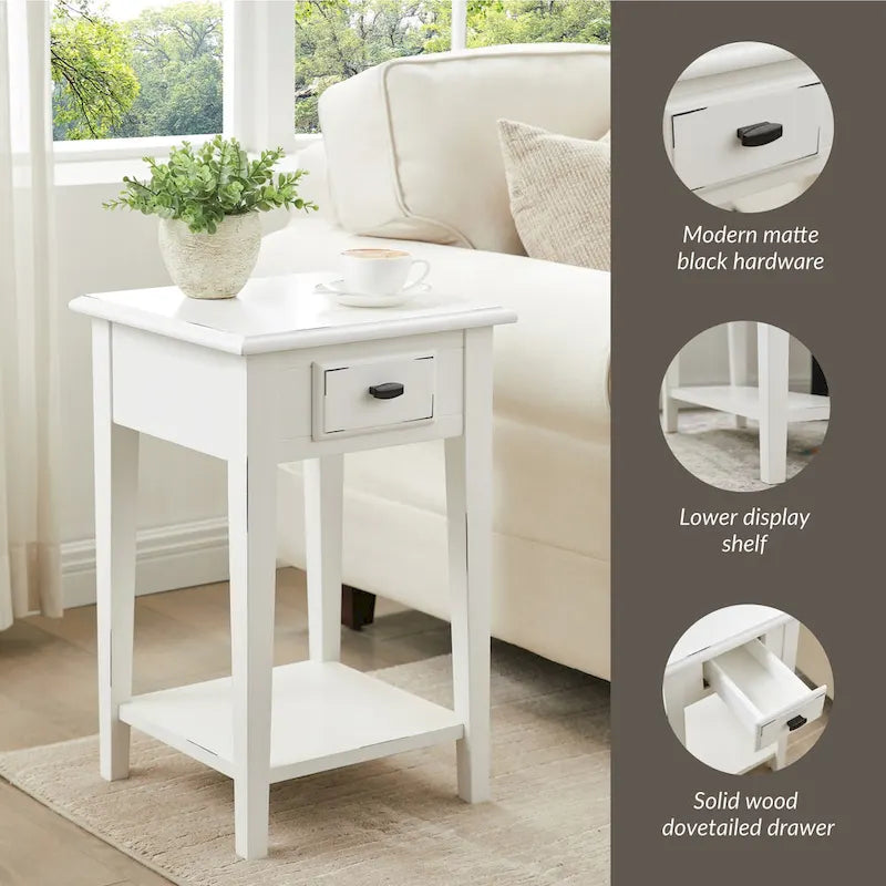 Square End Table Single Drawer Bottom Shelf Solid Hardwood Medium Oak White