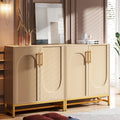 4-Door Sideboard Buffet Cabinet Arch Panel Gold Metal Base Adjustable Shelves Maple White