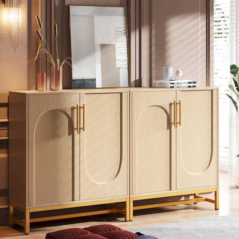 4-Door Sideboard Buffet Cabinet Arch Panel Gold Metal Base Adjustable Shelves Maple White