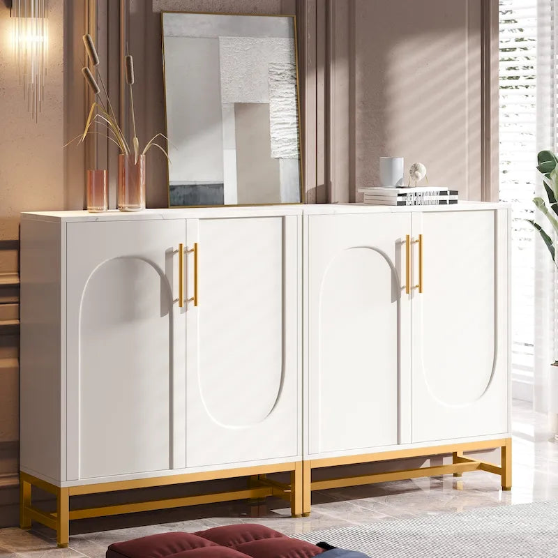 4-Door Sideboard Buffet Cabinet Arch Panel Gold Metal Base Adjustable Shelves Maple White