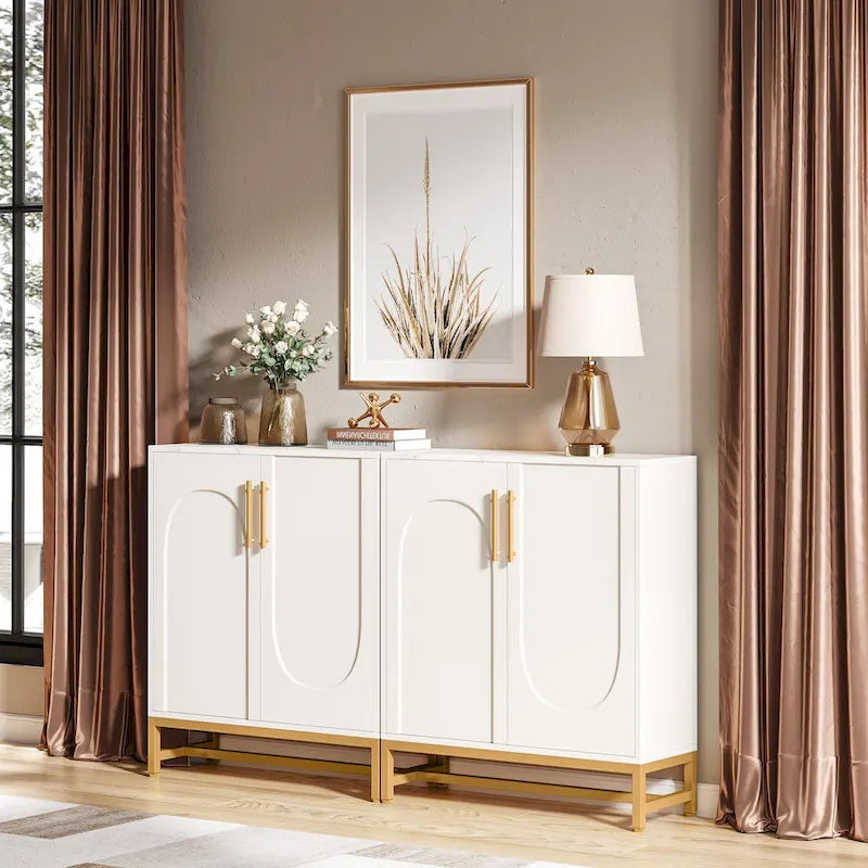 4-Door Sideboard Buffet Cabinet Arch Panel Gold Metal Base Adjustable Shelves Maple White