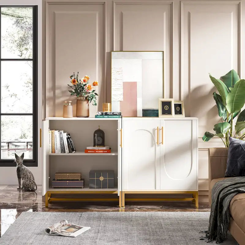 4-Door Sideboard Buffet Cabinet Arch Panel Gold Metal Base Adjustable Shelves Maple White