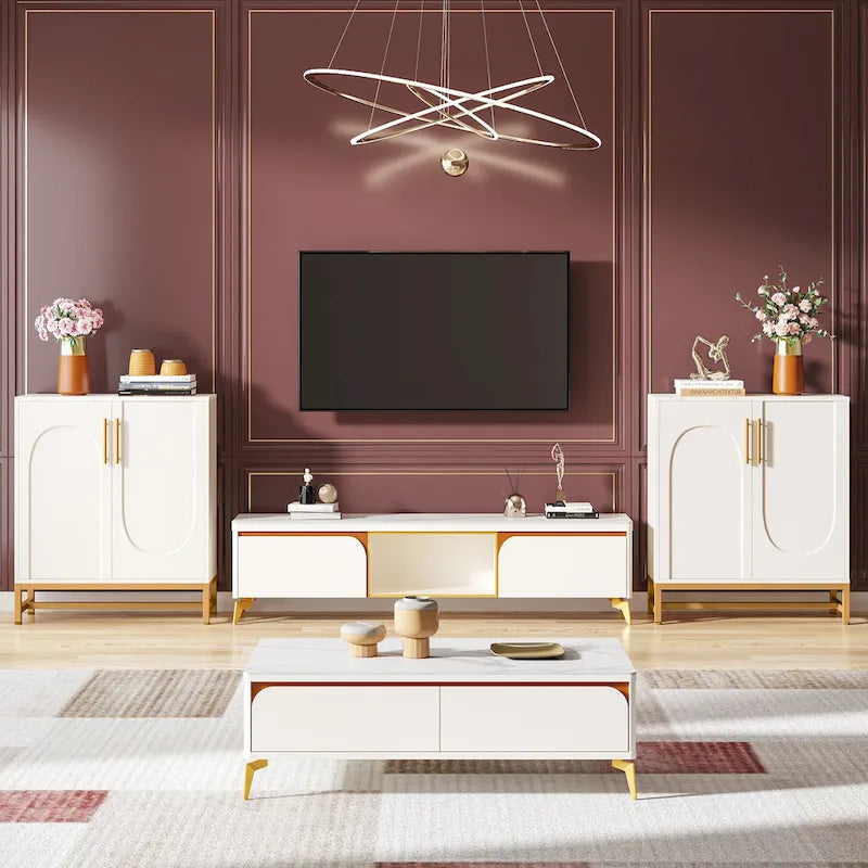 4-Door Sideboard Buffet Cabinet Arch Panel Gold Metal Base Adjustable Shelves Maple White