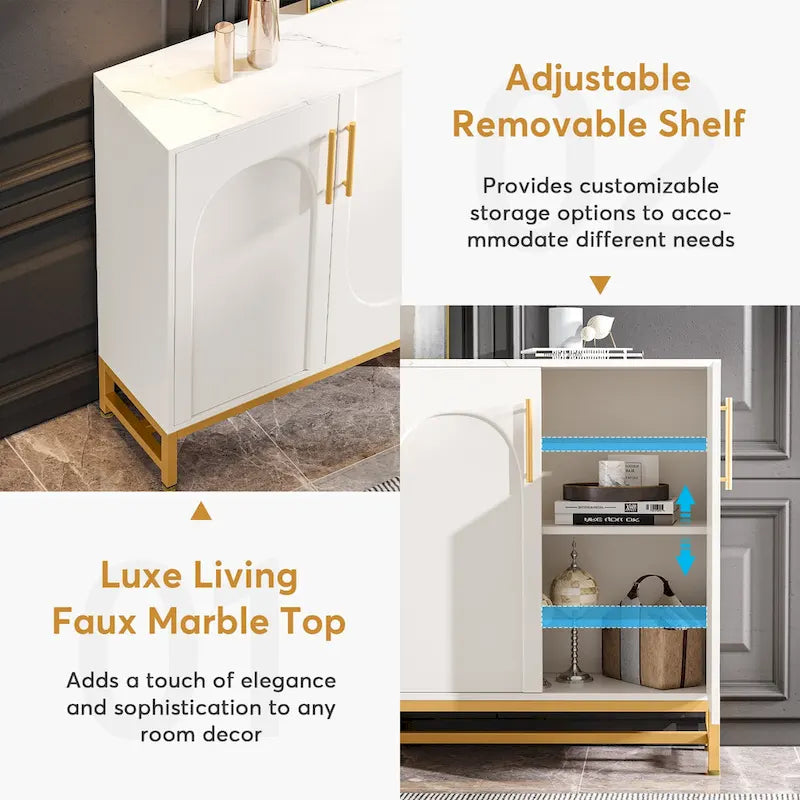 4-Door Sideboard Buffet Cabinet Arch Panel Gold Metal Base Adjustable Shelves Maple White
