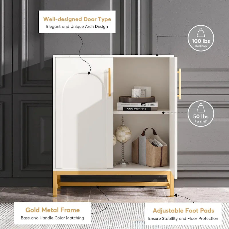 4-Door Sideboard Buffet Cabinet Arch Panel Gold Metal Base Adjustable Shelves Maple White