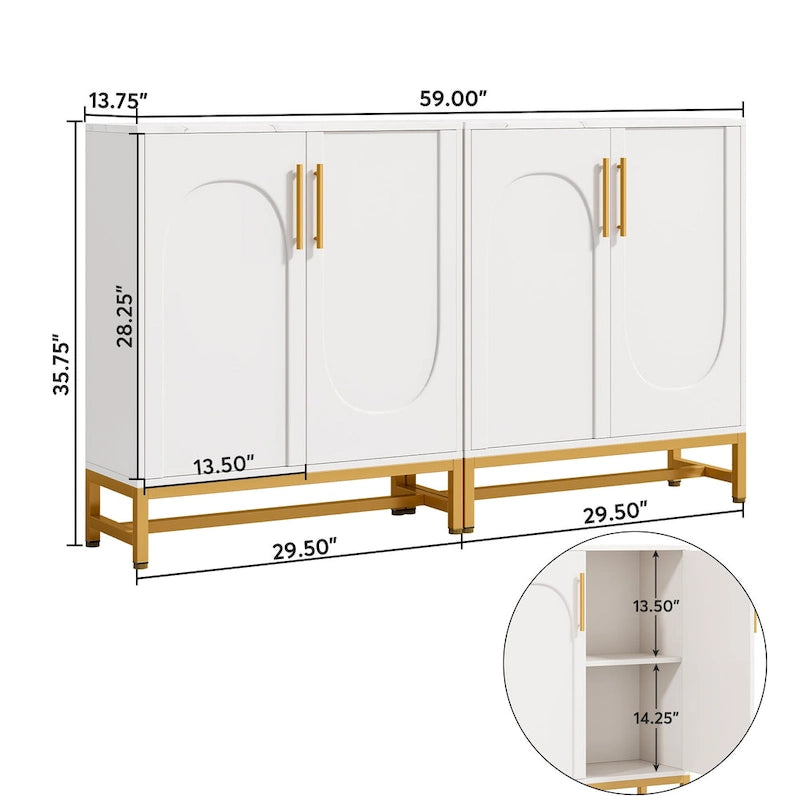 4-Door Sideboard Buffet Cabinet Arch Panel Gold Metal Base Adjustable Shelves Maple White