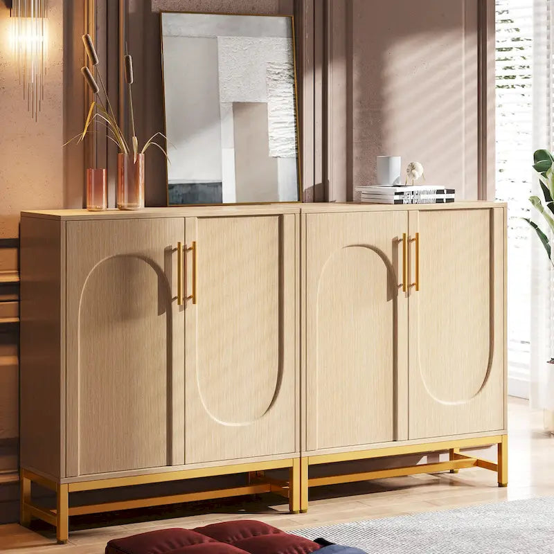 4-Door Sideboard Buffet Cabinet Arch Panel Gold Metal Base Adjustable Shelves Maple White