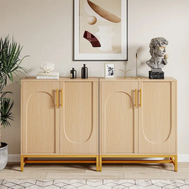 4-Door Sideboard Buffet Cabinet Arch Panel Gold Metal Base Adjustable Shelves Maple White