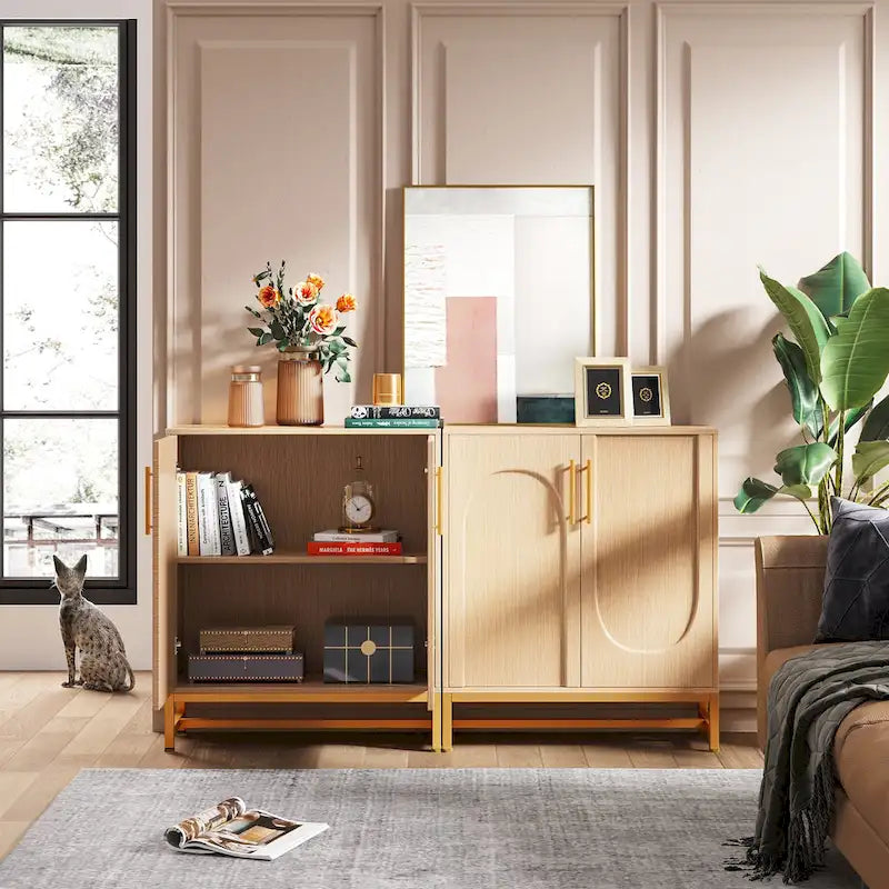 4-Door Sideboard Buffet Cabinet Arch Panel Gold Metal Base Adjustable Shelves Maple White