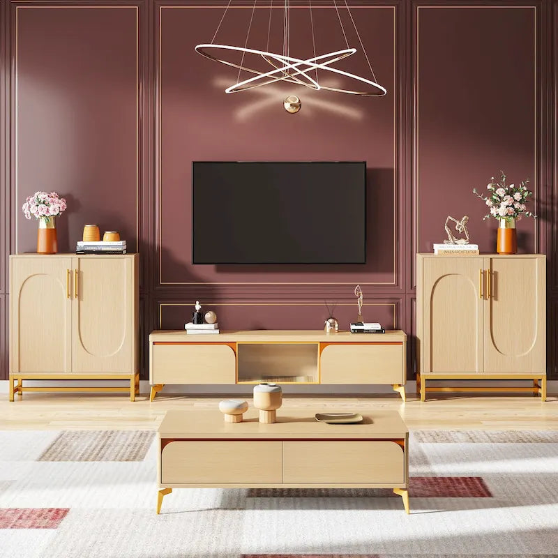 4-Door Sideboard Buffet Cabinet Arch Panel Gold Metal Base Adjustable Shelves Maple White