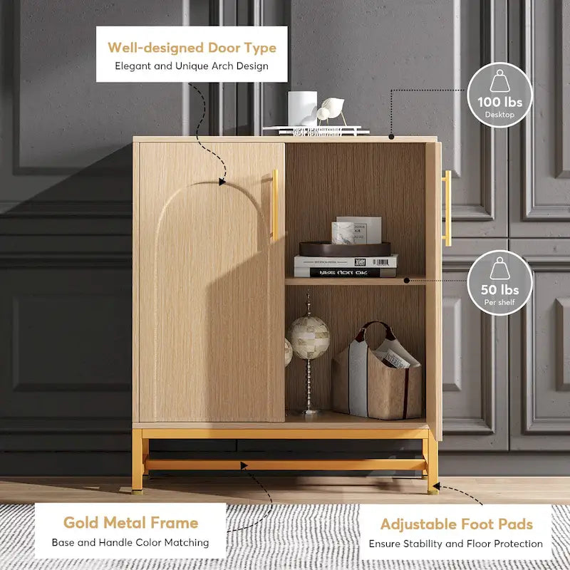 4-Door Sideboard Buffet Cabinet Arch Panel Gold Metal Base Adjustable Shelves Maple White
