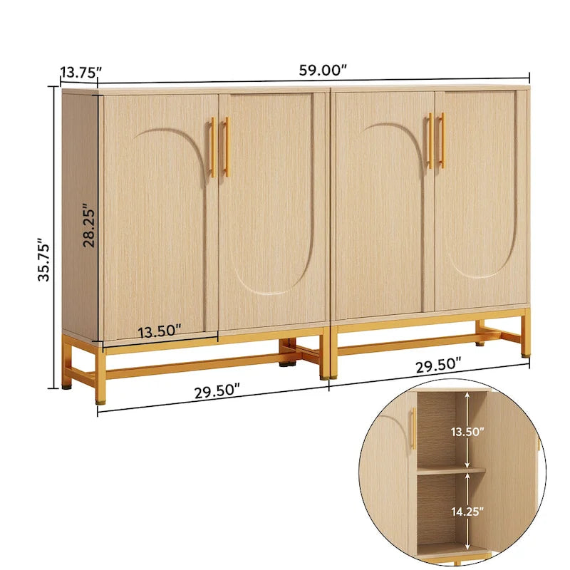 4-Door Sideboard Buffet Cabinet Arch Panel Gold Metal Base Adjustable Shelves Maple White