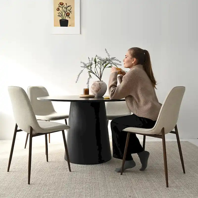 Gepolsterter Esszimmerstuhl im Mid-Century-Stil, geschlossene Rückenlehne, Walnussholzbeine, 4er-Set, Grün, Grau, Beige