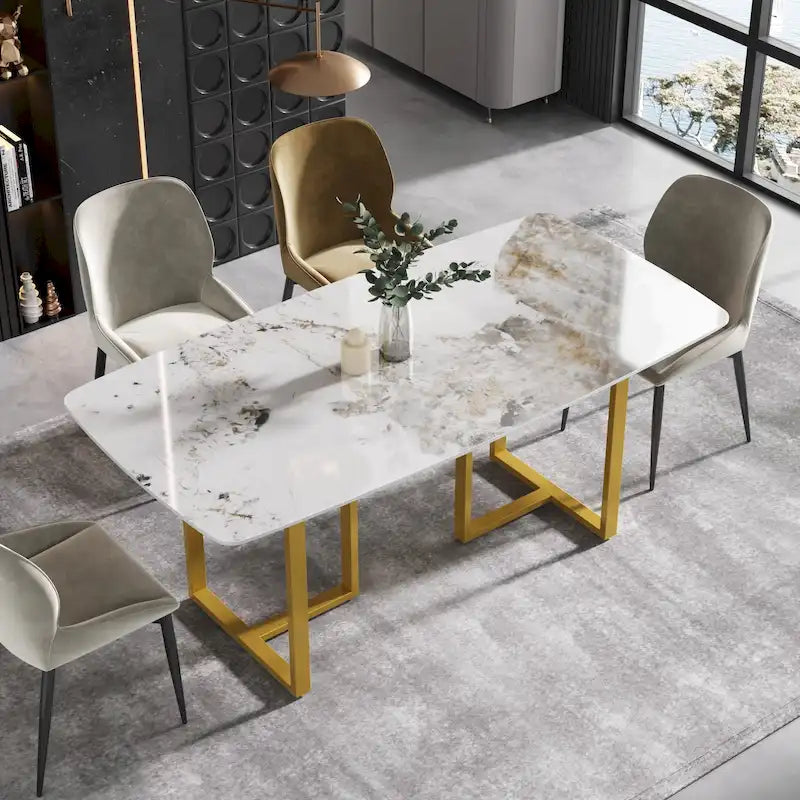 71-Inch Rectangular Sintered Stone Dining Table Seats 8 Modern Metal Base