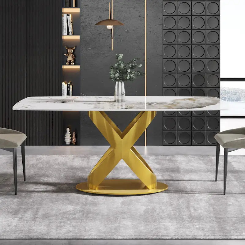 71-Inch Rectangular Sintered Stone Dining Table Seats 8 Modern Metal Base