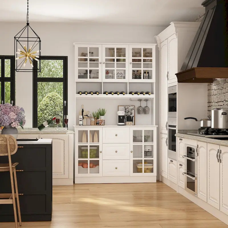 Kitchen Pantry Buffet Cabinet with Hutch Wine Rack Glass Doors 78.9 in. White Black