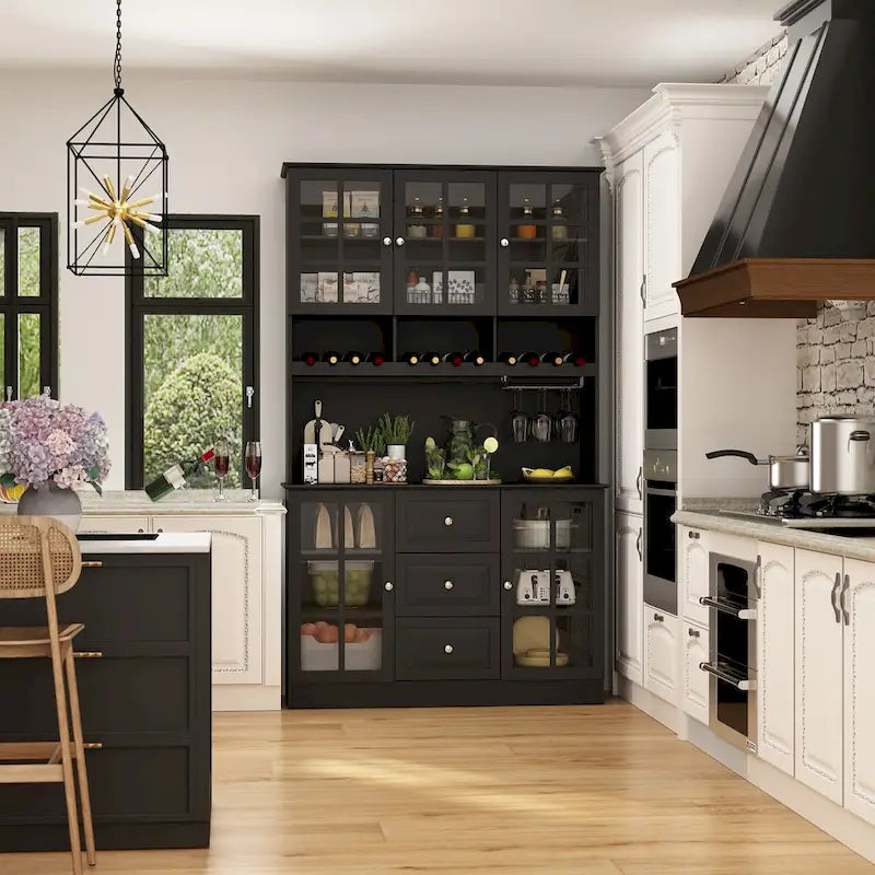 Kitchen Pantry Buffet Cabinet with Hutch Wine Rack Glass Doors 78.9 in. White Black