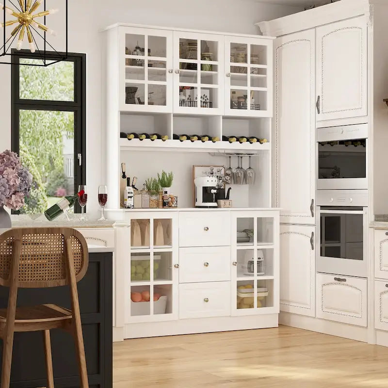 Küchenvorratsschrank und Buffetschrank mit Aufsatz, Weinregal und Glastüren, 78.9 in., Weiß, Schwarz