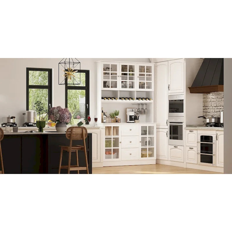 Küchenvorratsschrank und Buffetschrank mit Aufsatz, Weinregal und Glastüren, 78.9 in., Weiß, Schwarz