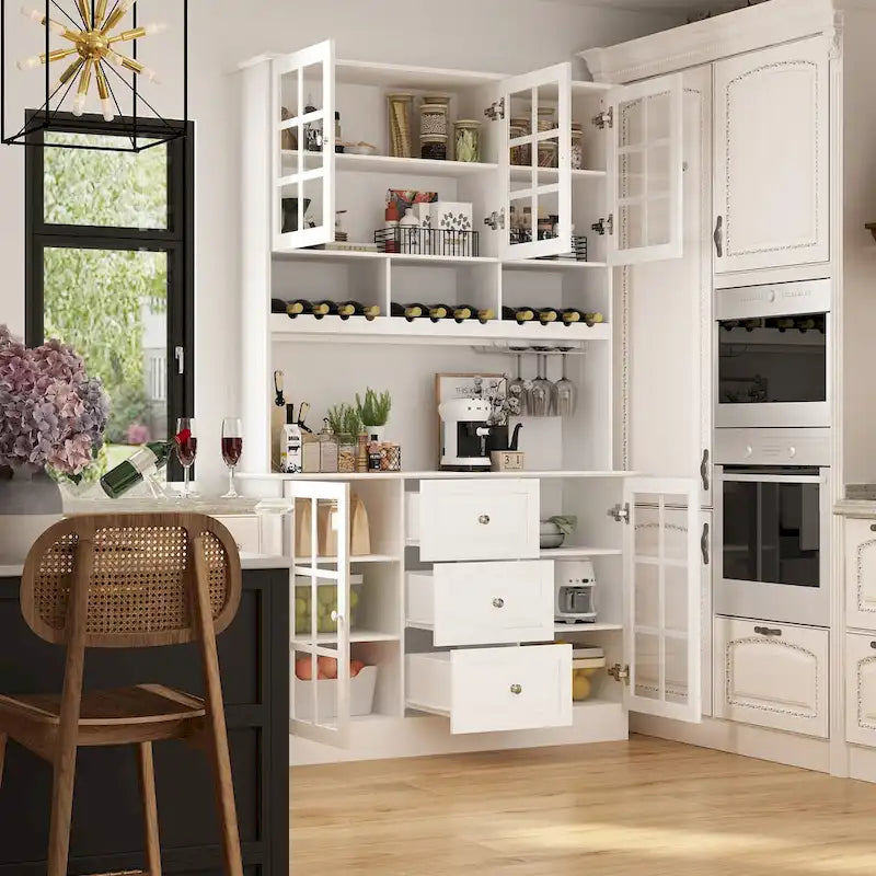 Kitchen Pantry Buffet Cabinet with Hutch Wine Rack Glass Doors 78.9 in. White Black