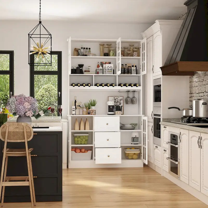 Küchenvorratsschrank und Buffetschrank mit Aufsatz, Weinregal und Glastüren, 78.9 in., Weiß, Schwarz
