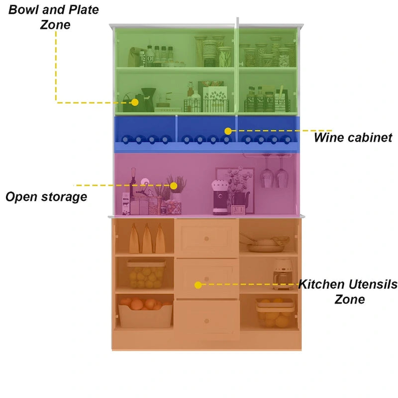 Küchenvorratsschrank und Buffetschrank mit Aufsatz, Weinregal und Glastüren, 78.9 in., Weiß, Schwarz