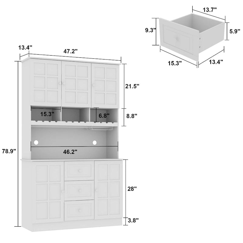 Küchenvorratsschrank und Buffetschrank mit Aufsatz, Weinregal und Glastüren, 78.9 in., Weiß, Schwarz