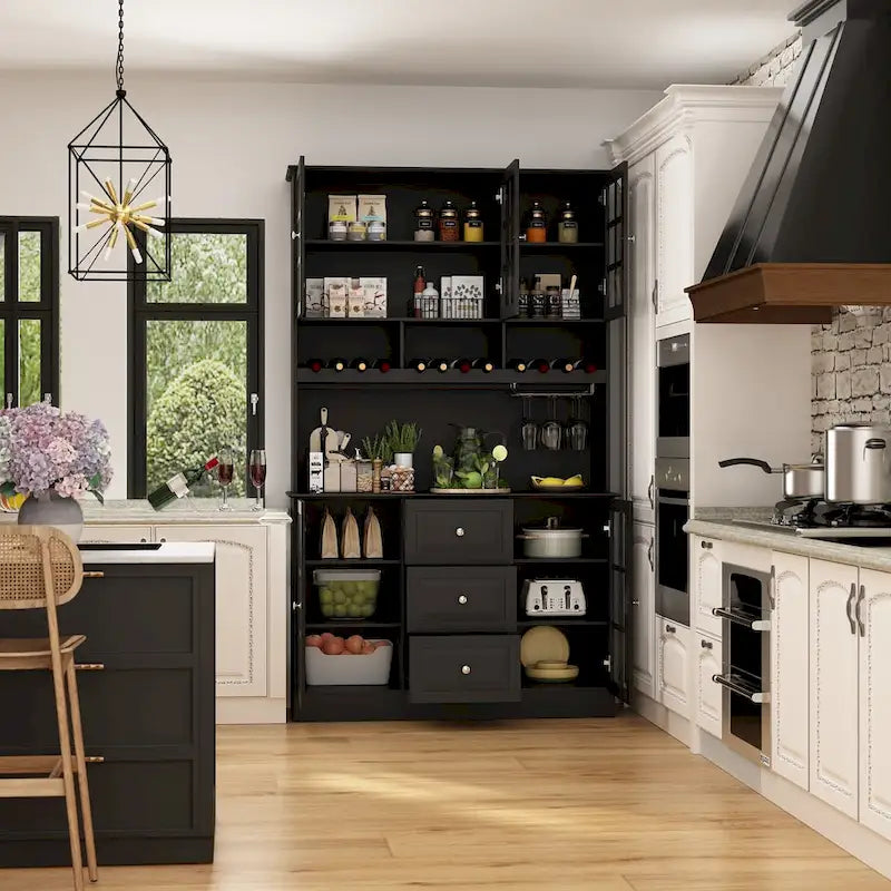 Küchenvorratsschrank und Buffetschrank mit Aufsatz, Weinregal und Glastüren, 78.9 in., Weiß, Schwarz