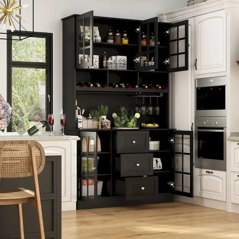 Küchenvorratsschrank und Buffetschrank mit Aufsatz, Weinregal und Glastüren, 78.9 in., Weiß, Schwarz